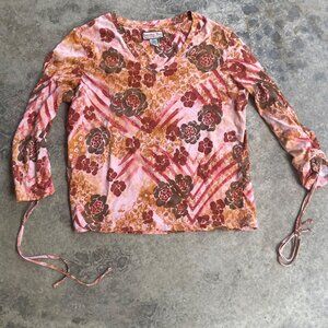 Y2K Jamaica Bay Size PL Orange Floral Cinched Sleeve 3/4 Sleeve Blouse